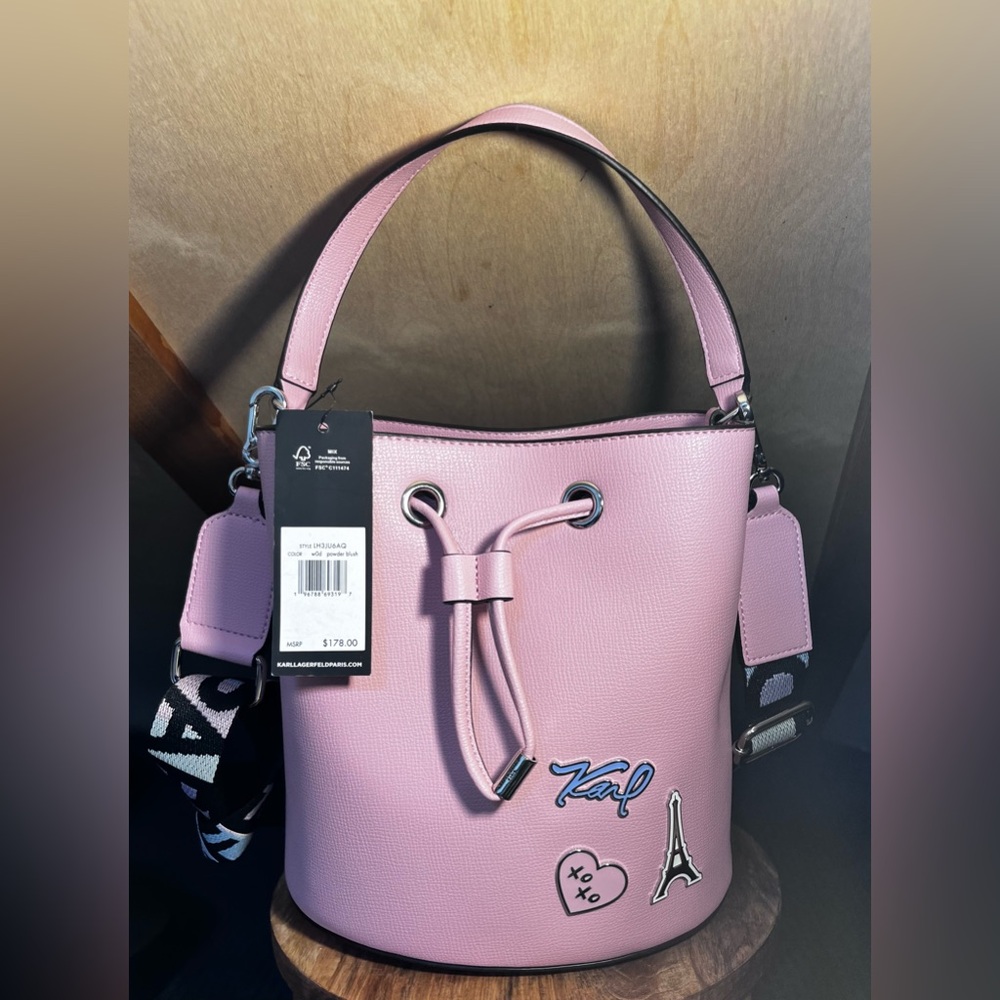 NEW! Karl Lagerfeld Paris Blush Pink Drawstring Bucket Hand Bag
